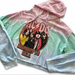 AC/DC Tie Dye Graphic Raw Hemline Cropped Hoodie Sweater Size XL